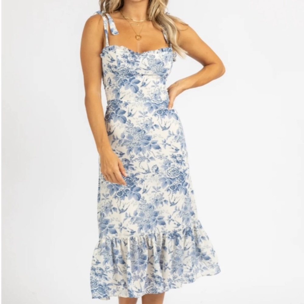 Floral Tie-Shoulder Midi Dress in Blue and Cream